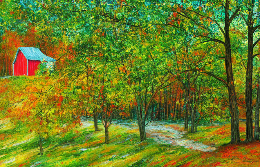 Colorful autumn scene with red barn, trees, and textured brush strokes