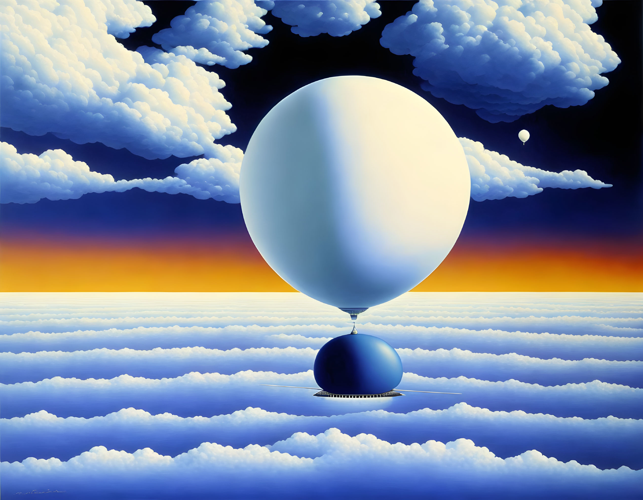 Surreal painting: Large white balloon over ocean with clouds and moon