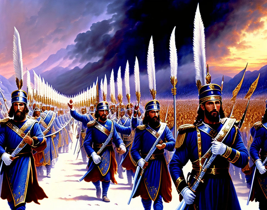 Ancient army illustration: soldiers in blue uniforms with brass helmets, carrying spears, under stormy