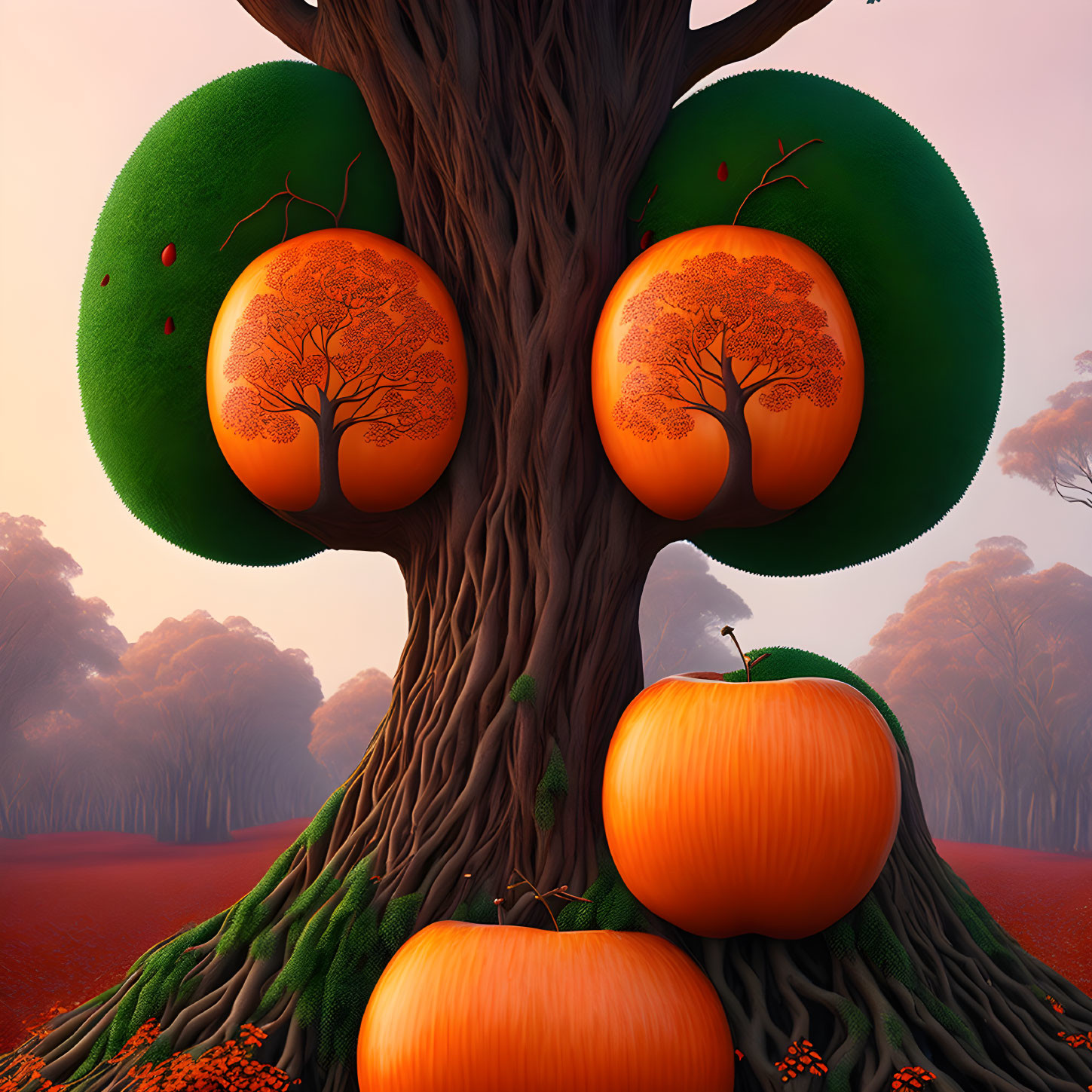 Illustration of large tree with pumpkins growing, in misty forest