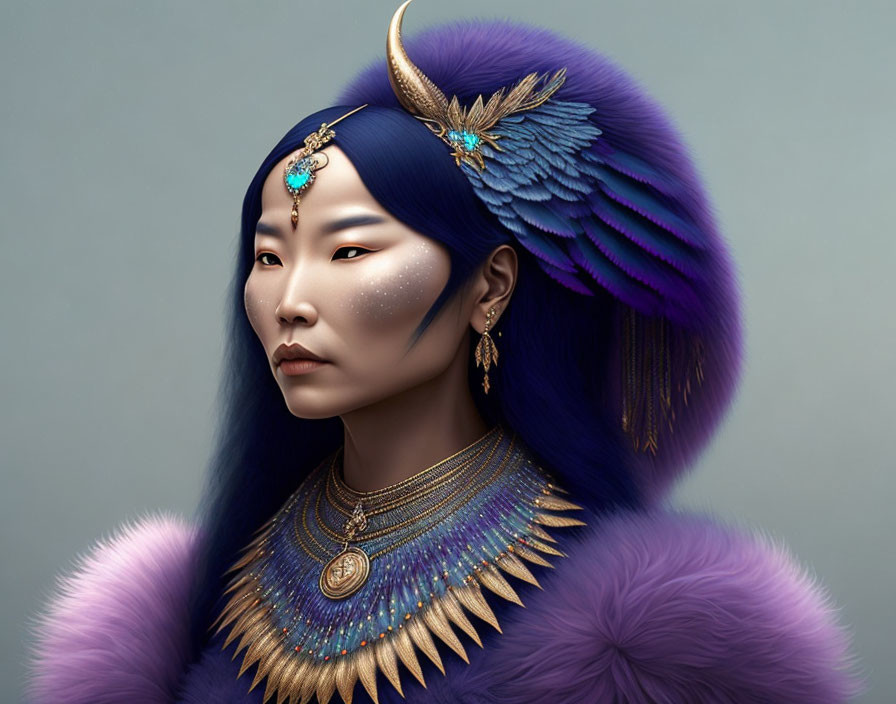 Woman with Blue and Gold Winged Headdress in Digital Portrait