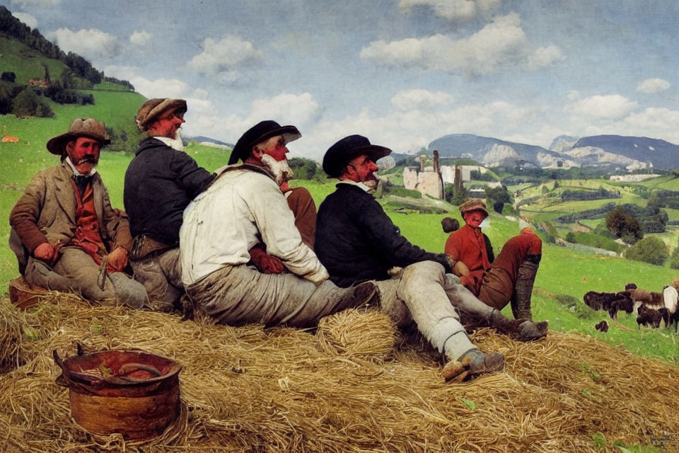 Men in rustic attire resting on haystack in pastoral landscape with cows and castle