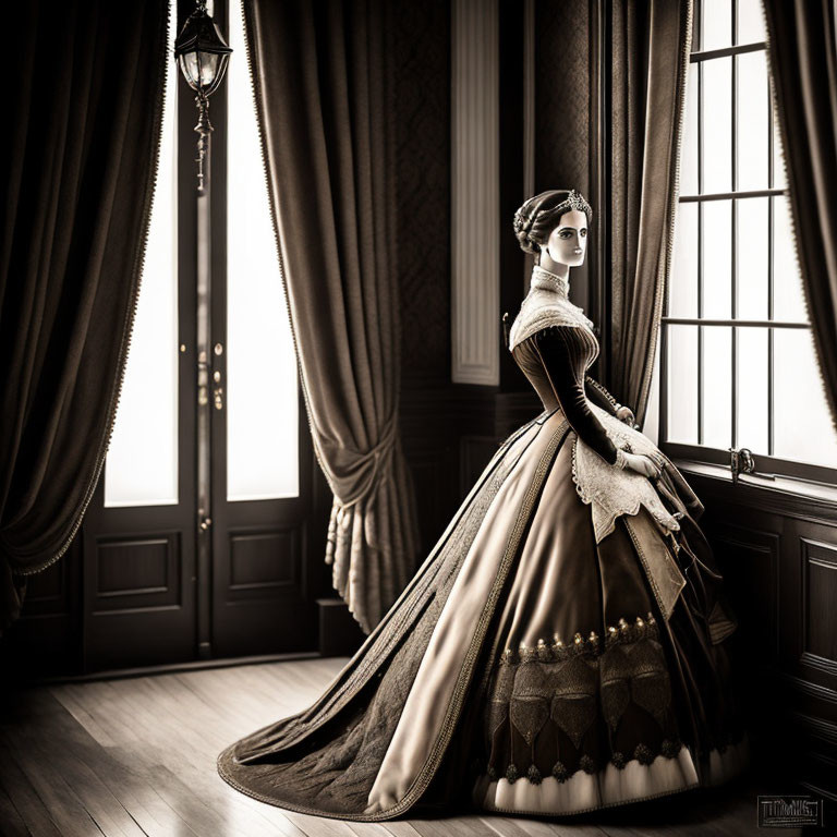 Victorian woman in elegant dress by window in classic room