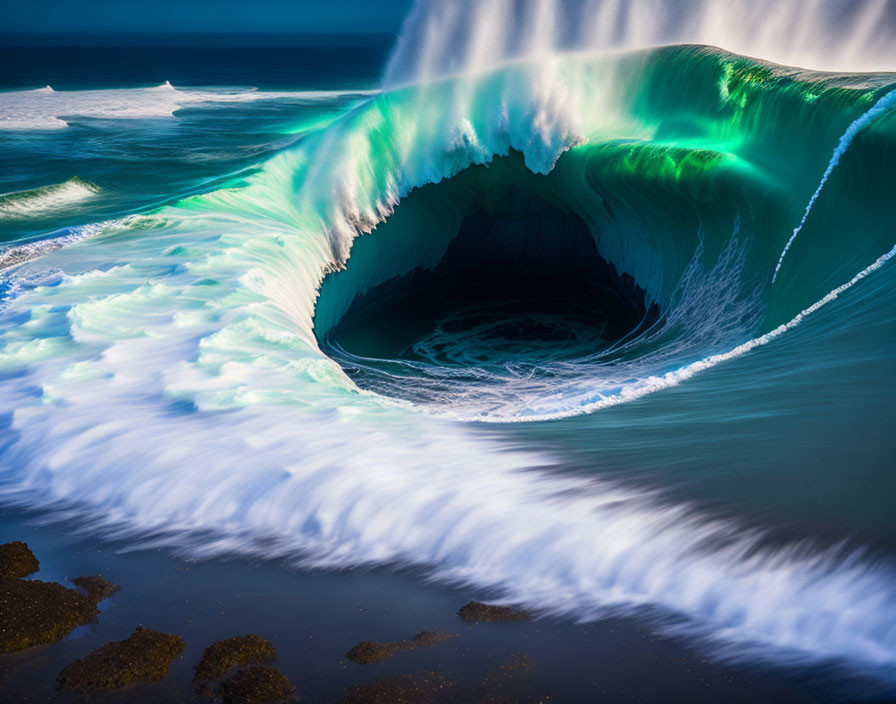 Dramatic hollow wave with vivid green and blue colors