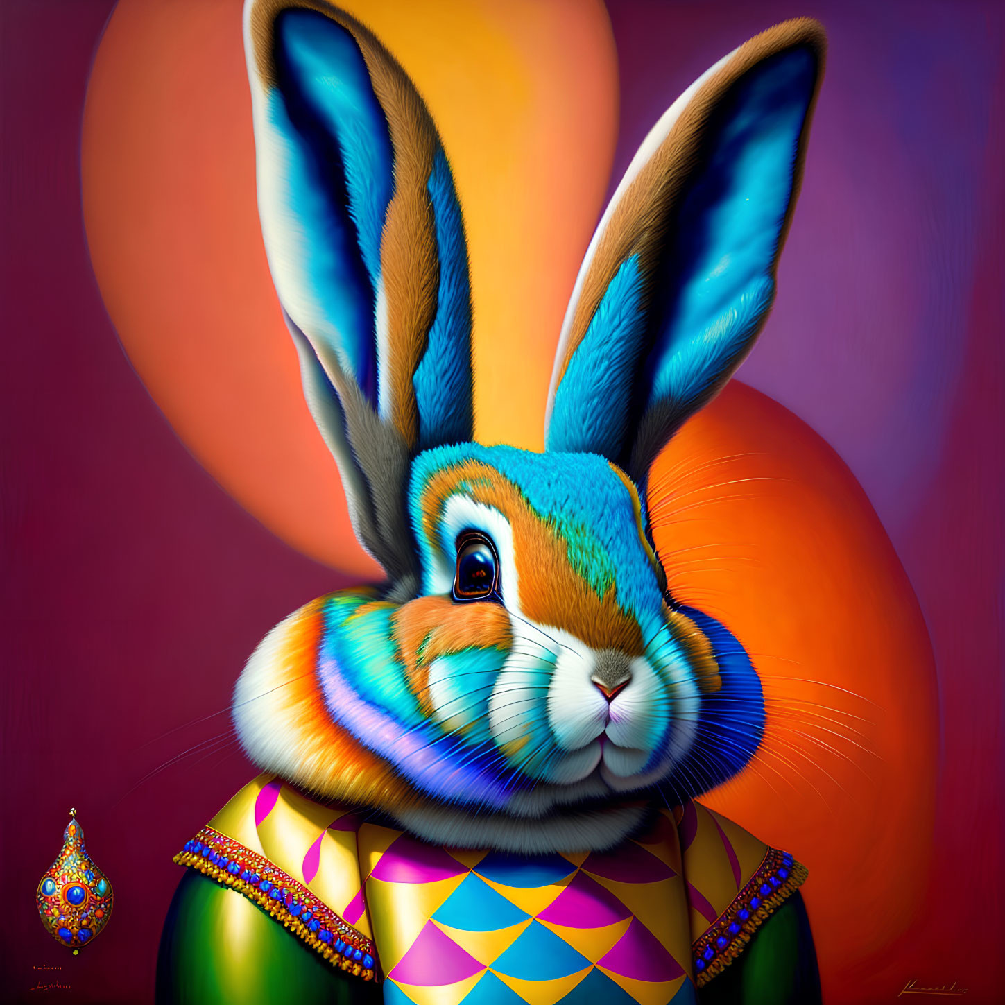 Colorful digital artwork featuring a rabbit with patterned body and balloons in background.