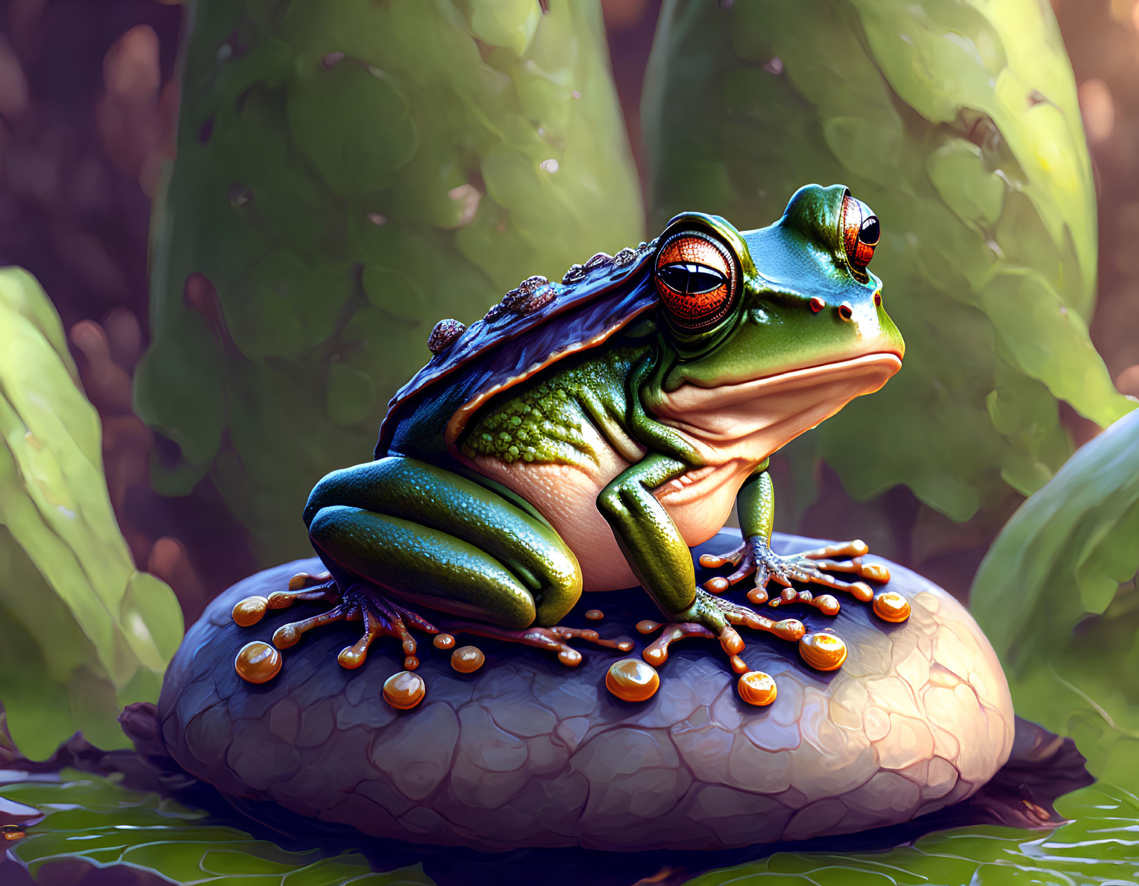 Colorful digital art: Green frog on stone with orange mushrooms in forest.