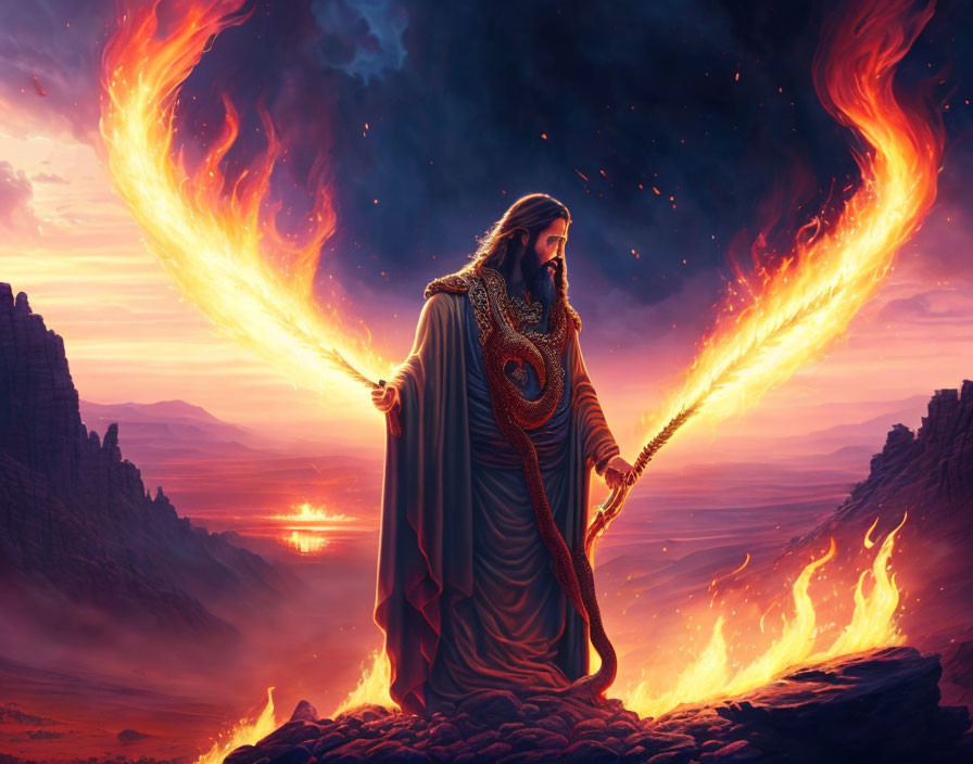 Majestic figure with flaming sword in fiery landscape