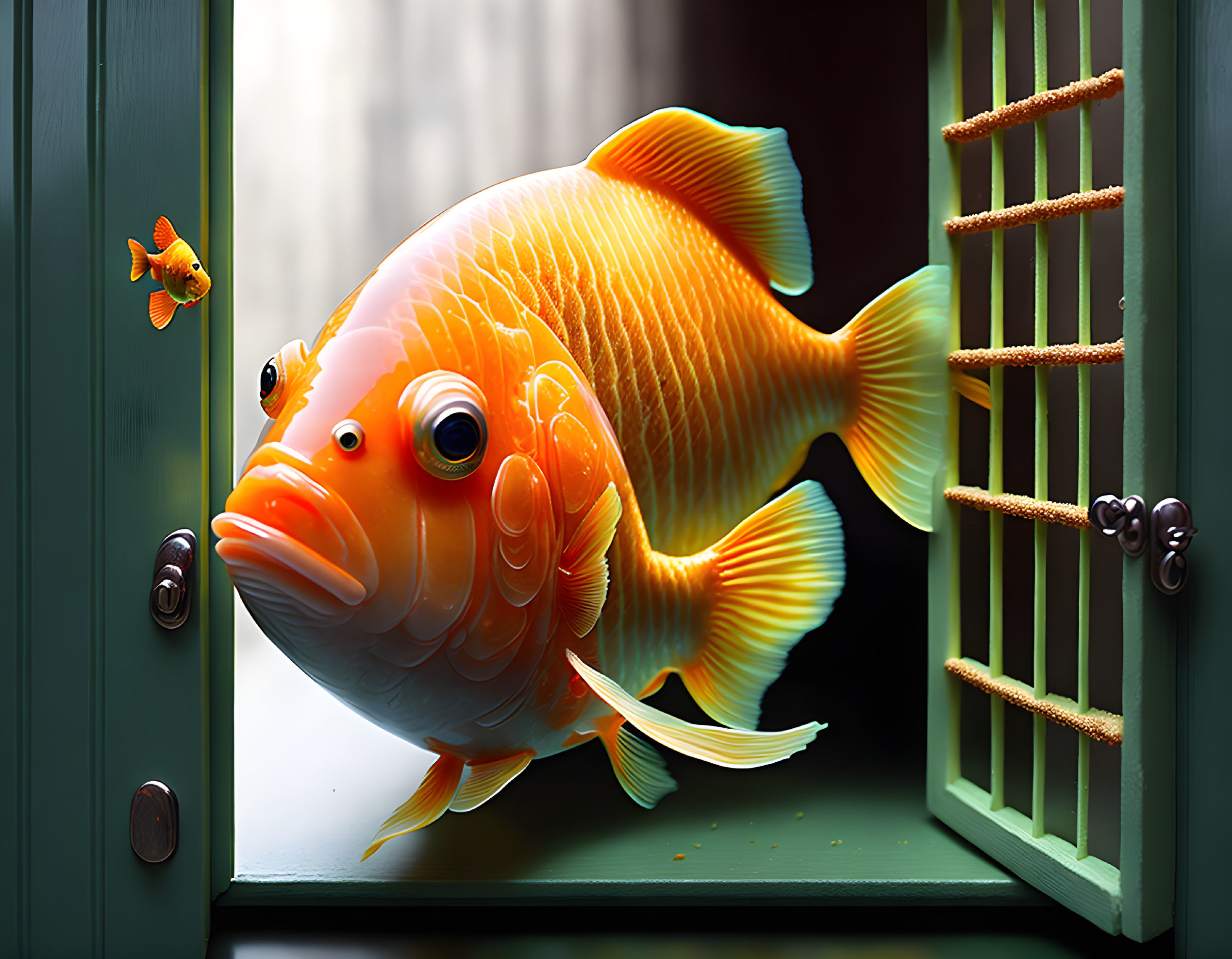 Vibrant giant orange goldfish and small goldfish by whimsical window