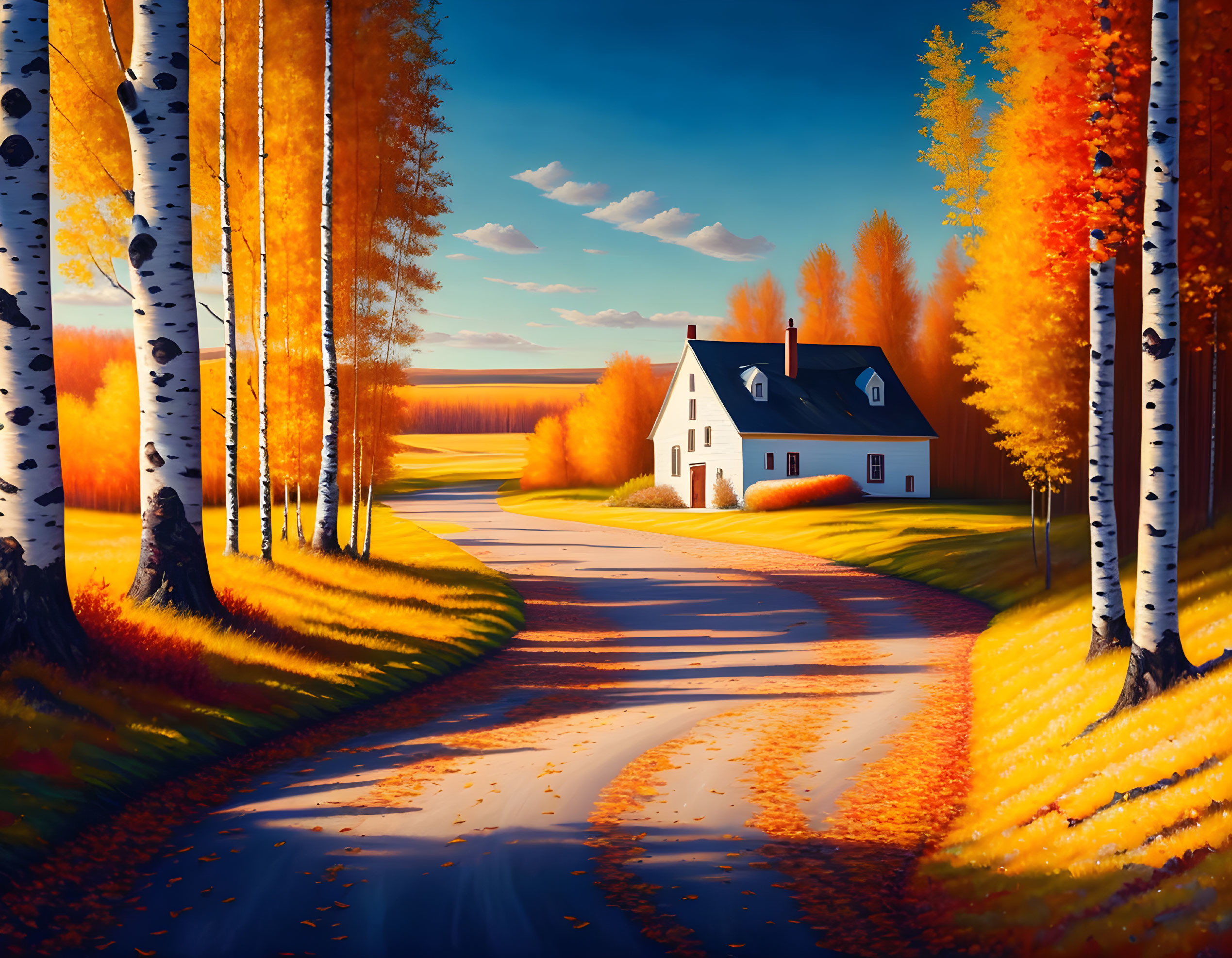 Vibrant autumn landscape with winding road and white house