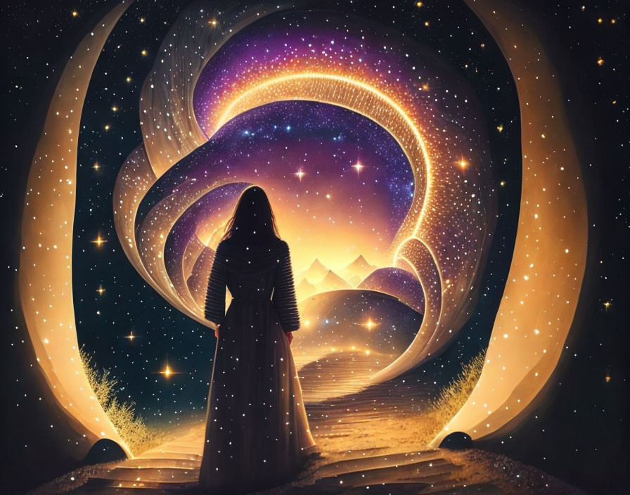 Mysterious figure in cloak surrounded by cosmic swirls and stars