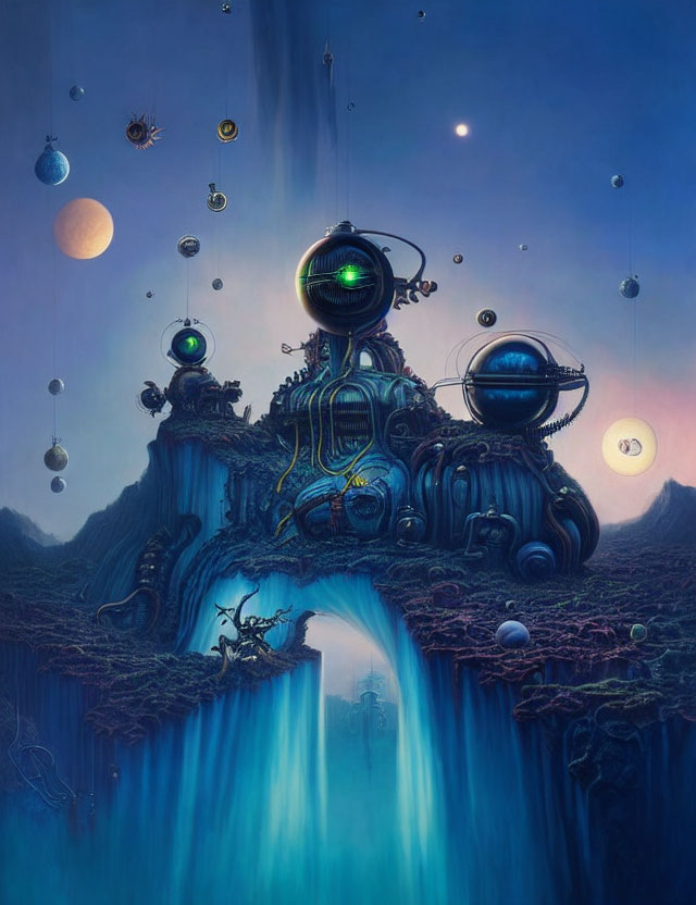 Alien landscape with waterfalls, machinery, orbs, and celestial sky