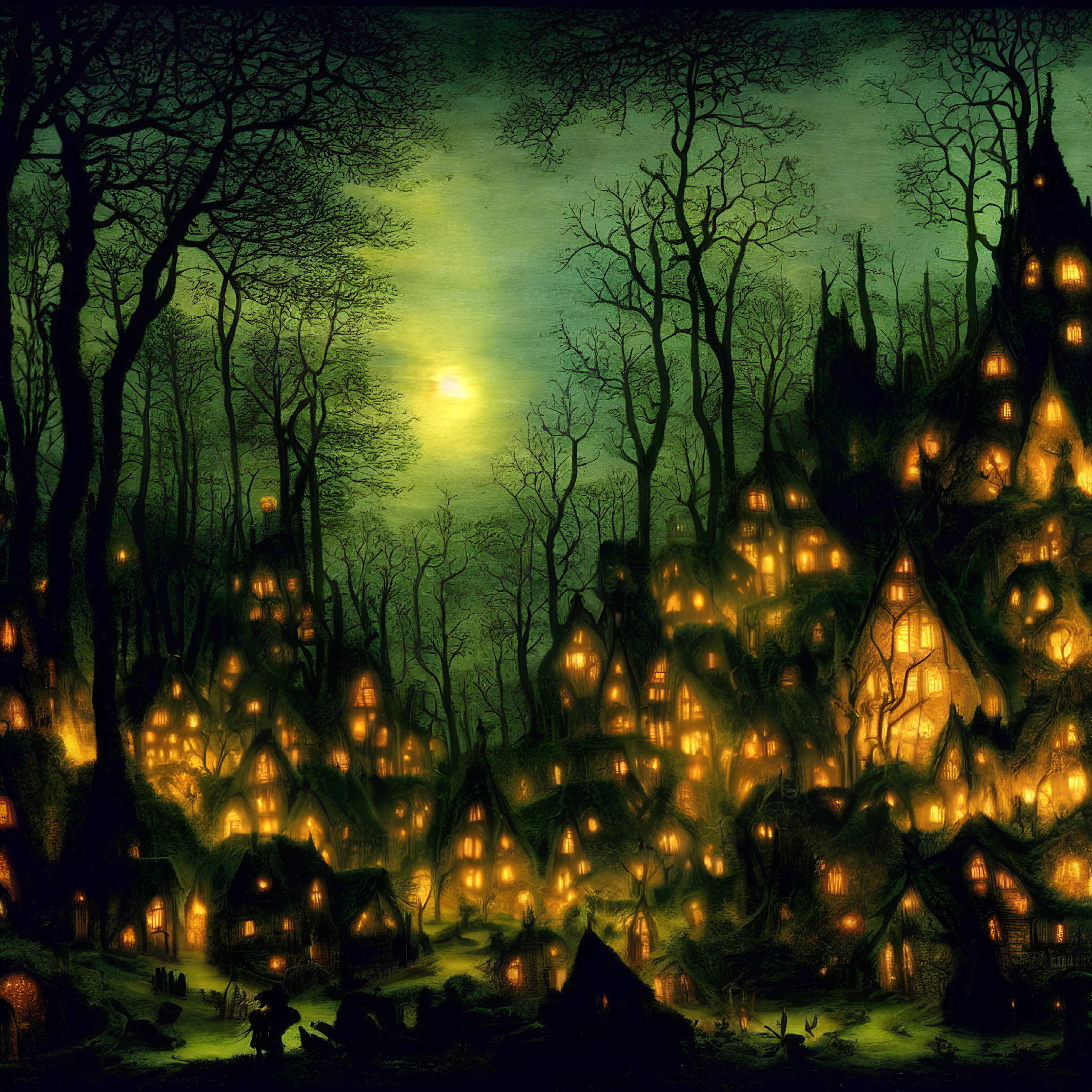 Moonlit village in dark forest with cozy glowing houses