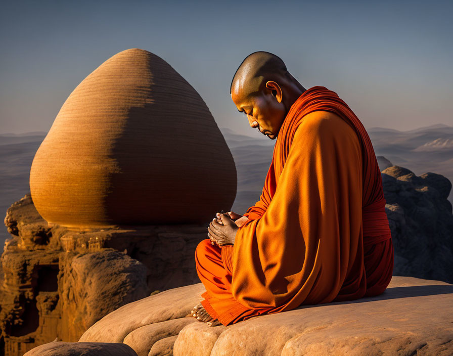 Monk in orange robes meditating on rock at sunset with stone structure in background