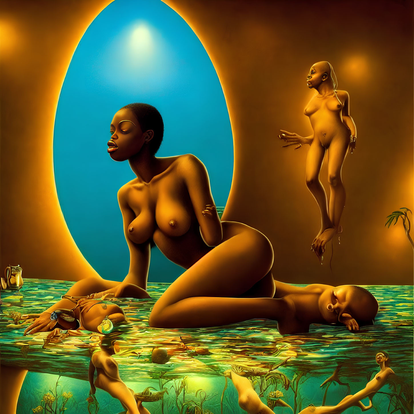 Surrealist artwork of women with elongated limbs and necks in water against ochre backdrop