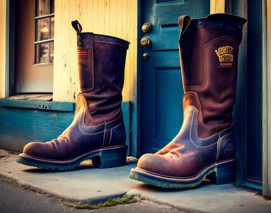 Oversized brown boots with smaller boots inside, by a door