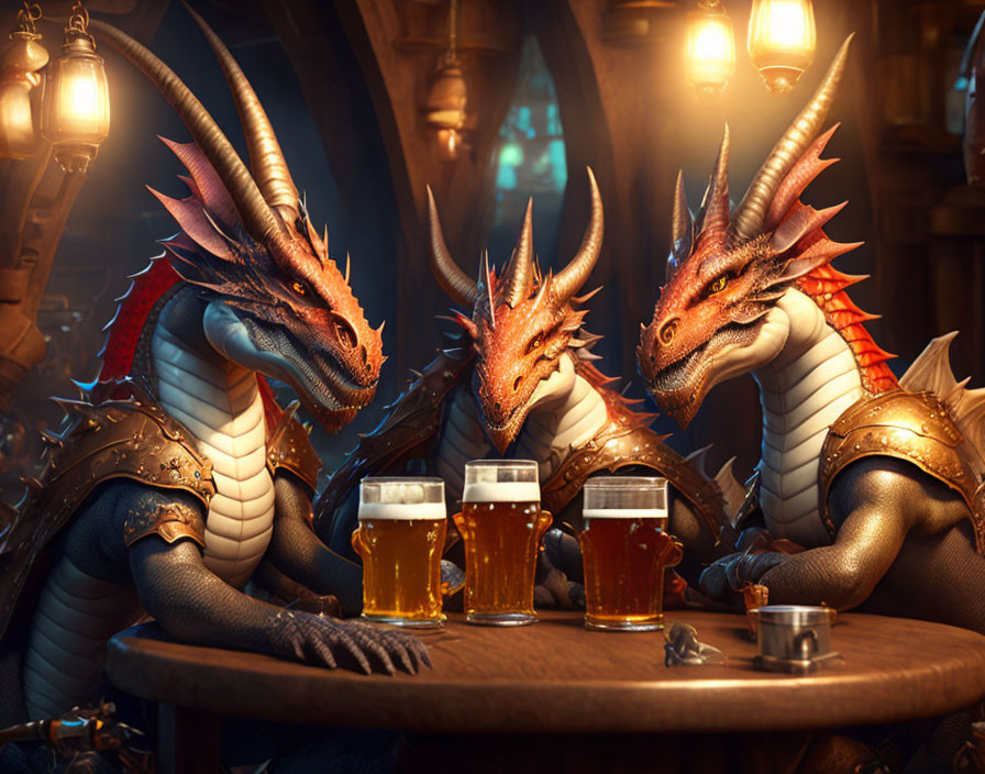 Three armored dragons at pub table with pints in cozy tavern