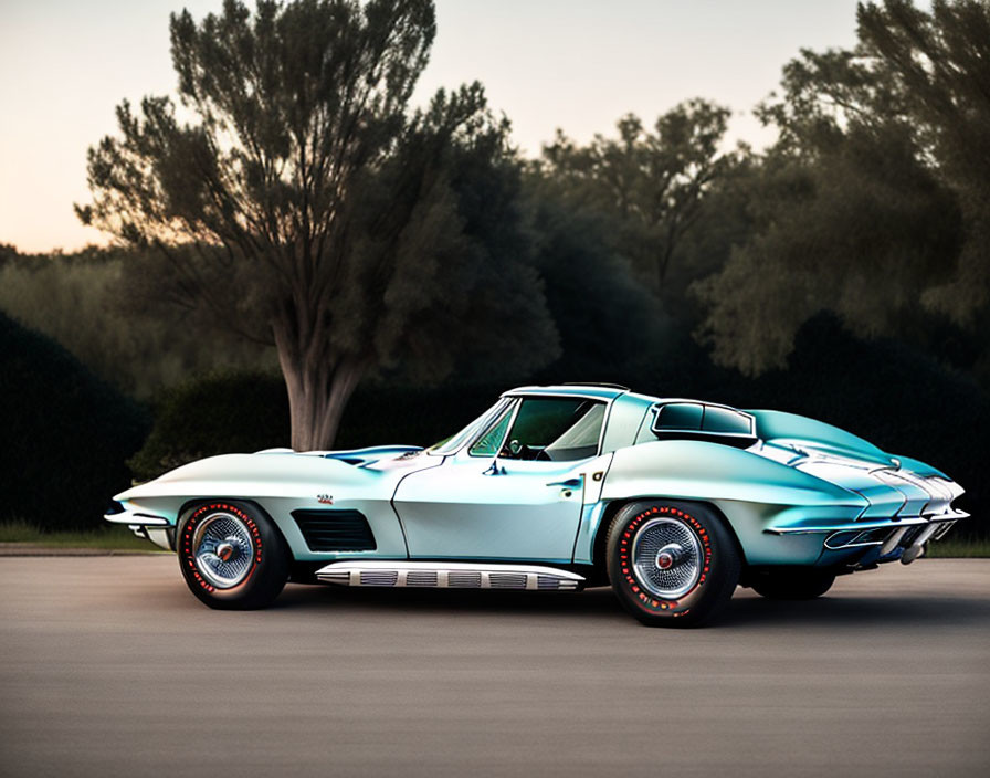 Vintage Chevrolet Corvette with white exterior and red-lined tires parked outdoors at dusk