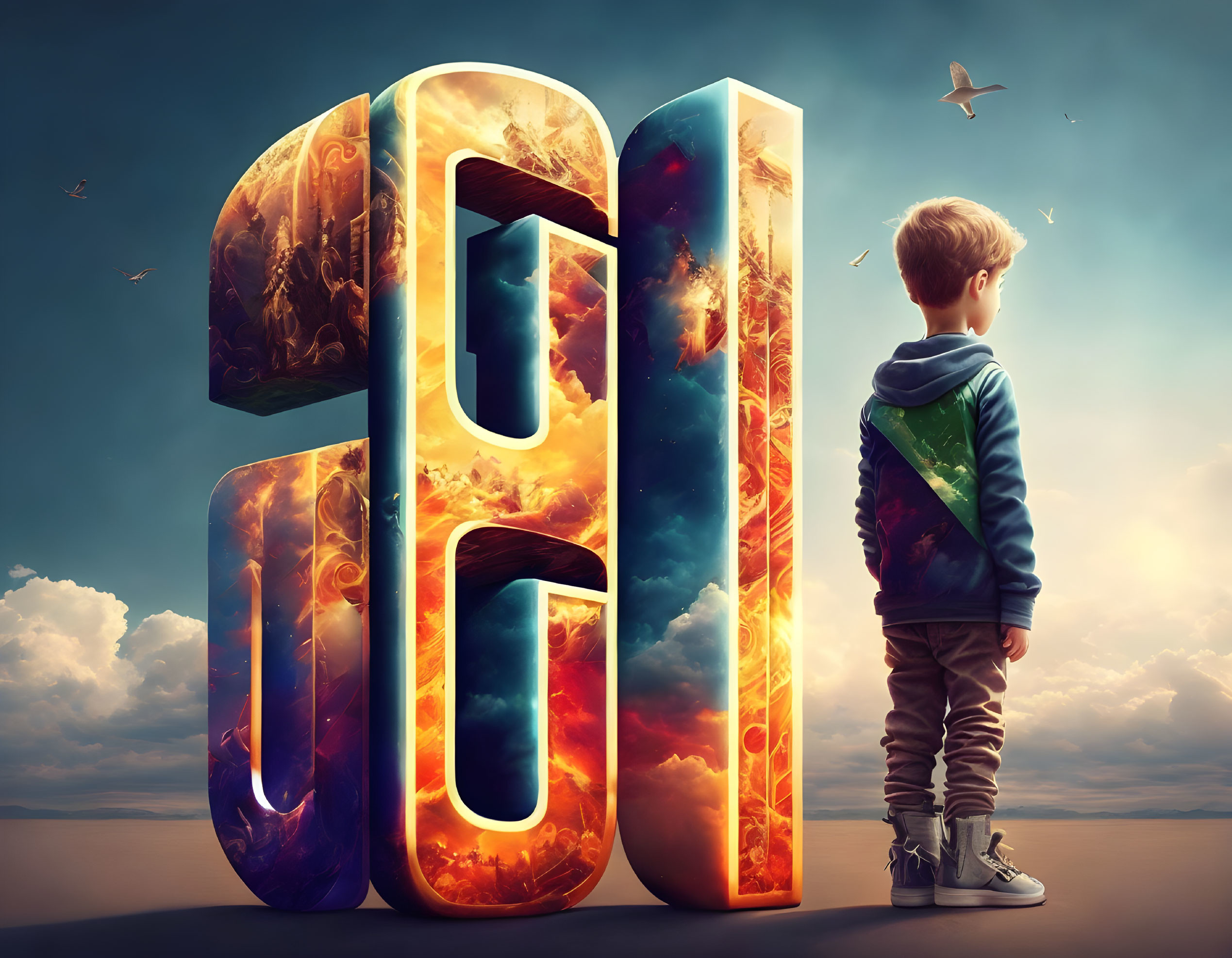 Boy standing before large surreal 3D letter 'E' with fiery cosmic scenes and birds flying in