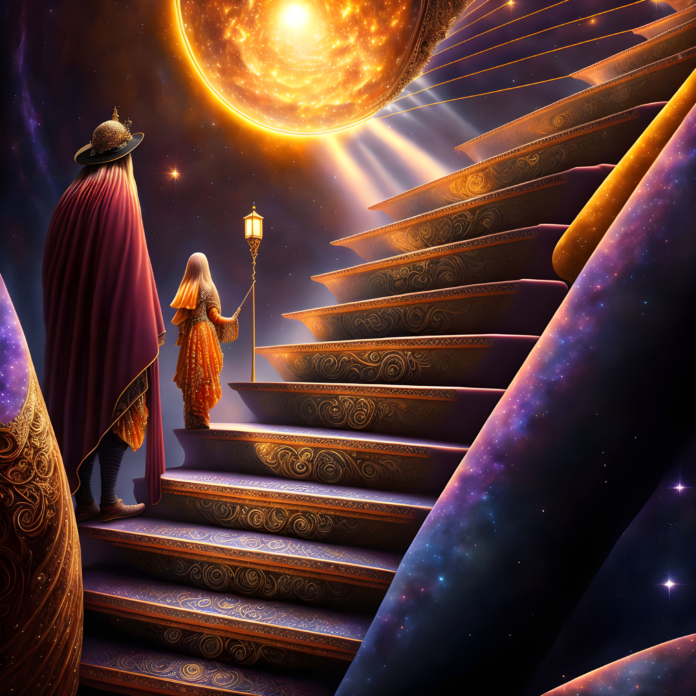 Illustration of two figures climbing celestial stairs under glowing moon