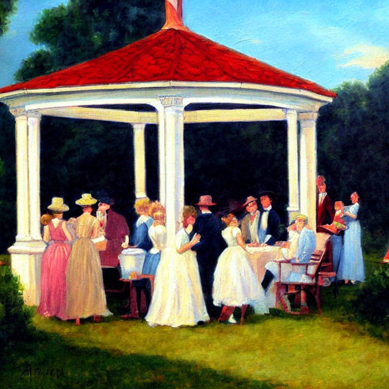 Elegantly dressed individuals socializing under red-roofed gazebo