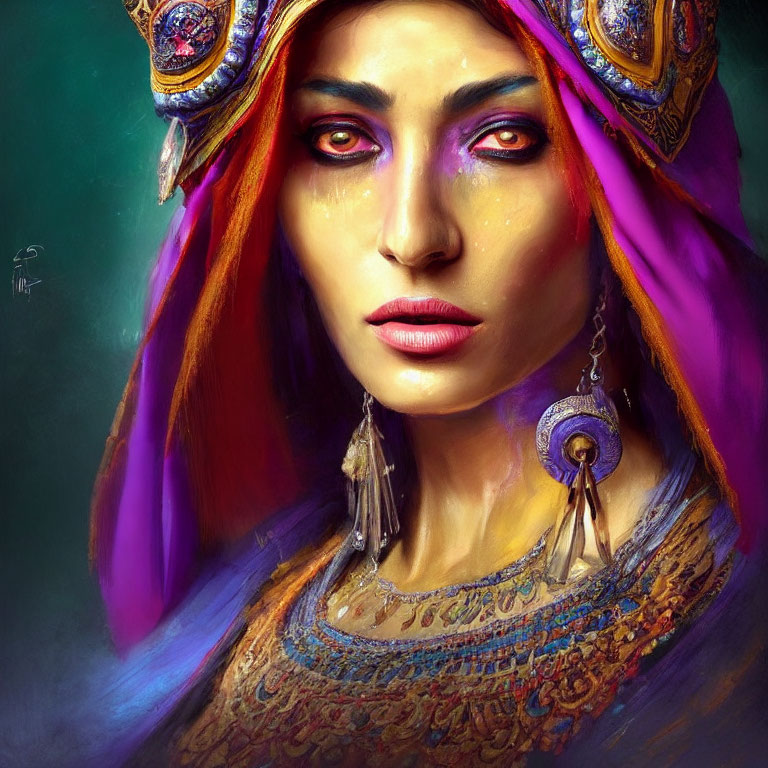 Colorful digital portrait of a woman in ornate headdress & detailed garments