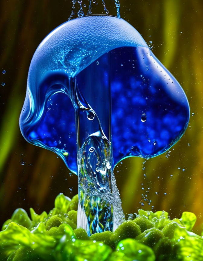 Blue Jellyfish-shaped Liquid Splashing on Green Surface