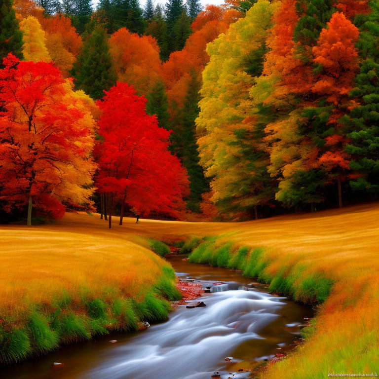 Tranquil autumn creek with vibrant foliage