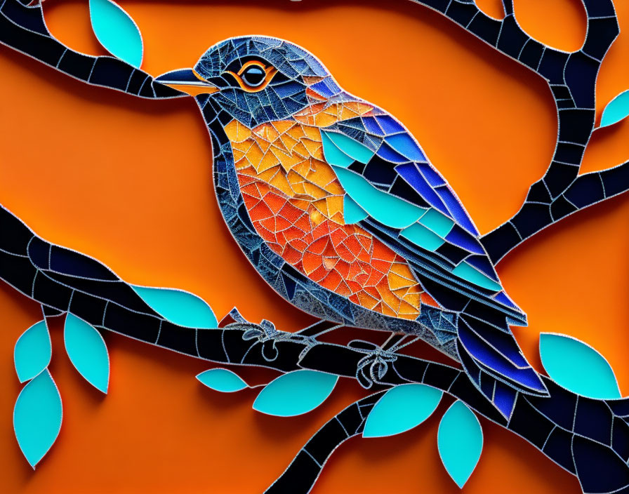 Colorful mosaic artwork of a bird: orange, blue, and white tiles on orange background, dark