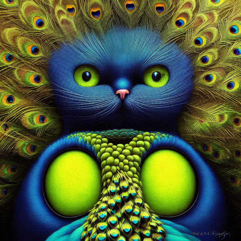 Vibrant Artwork: Blue Cat with Green Eyes and Peacock Feathers