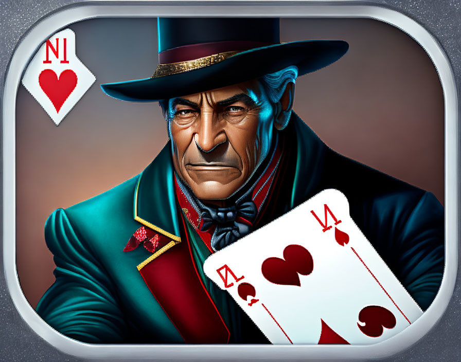 Illustration of a man in magician attire with playing card, top hat, and intense gaze