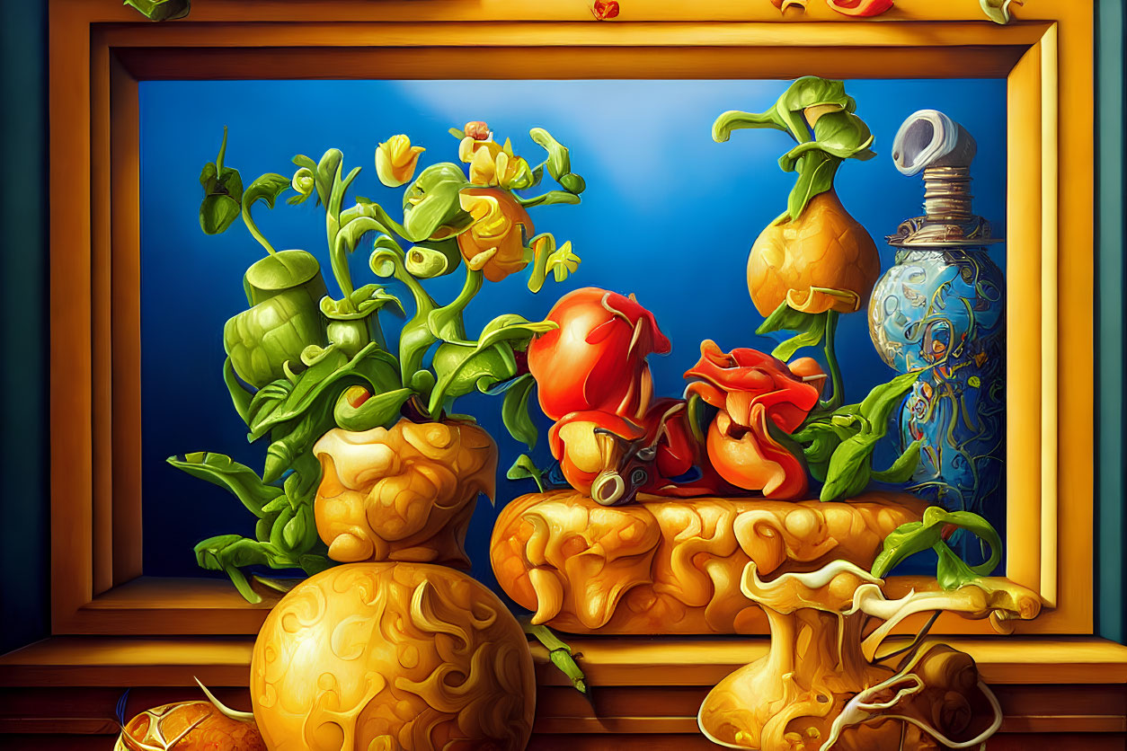 Anthropomorphic fruits and vegetables in surreal classical painting with blue vase.