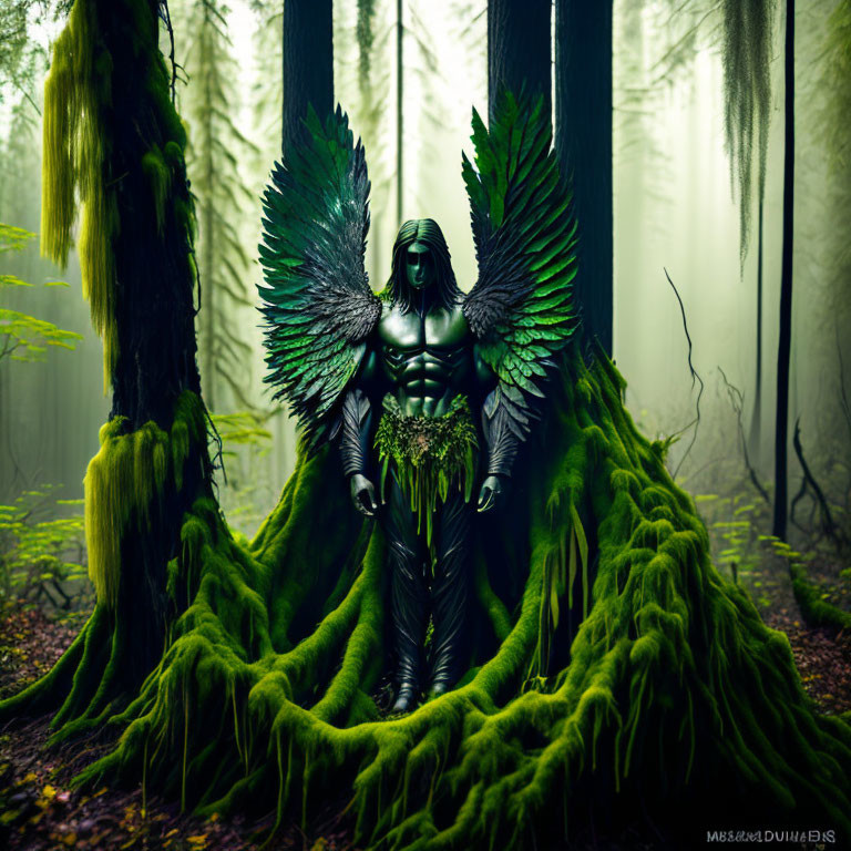 Mysterious figure with green wings in misty forest