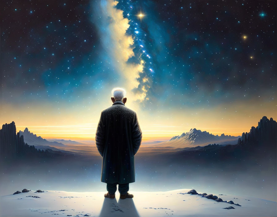 Elderly person in coat gazes at starry Milky Way in snowy landscape