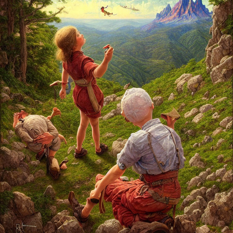 Fantasy painting of children on lush hillside with dragon in dramatic sky