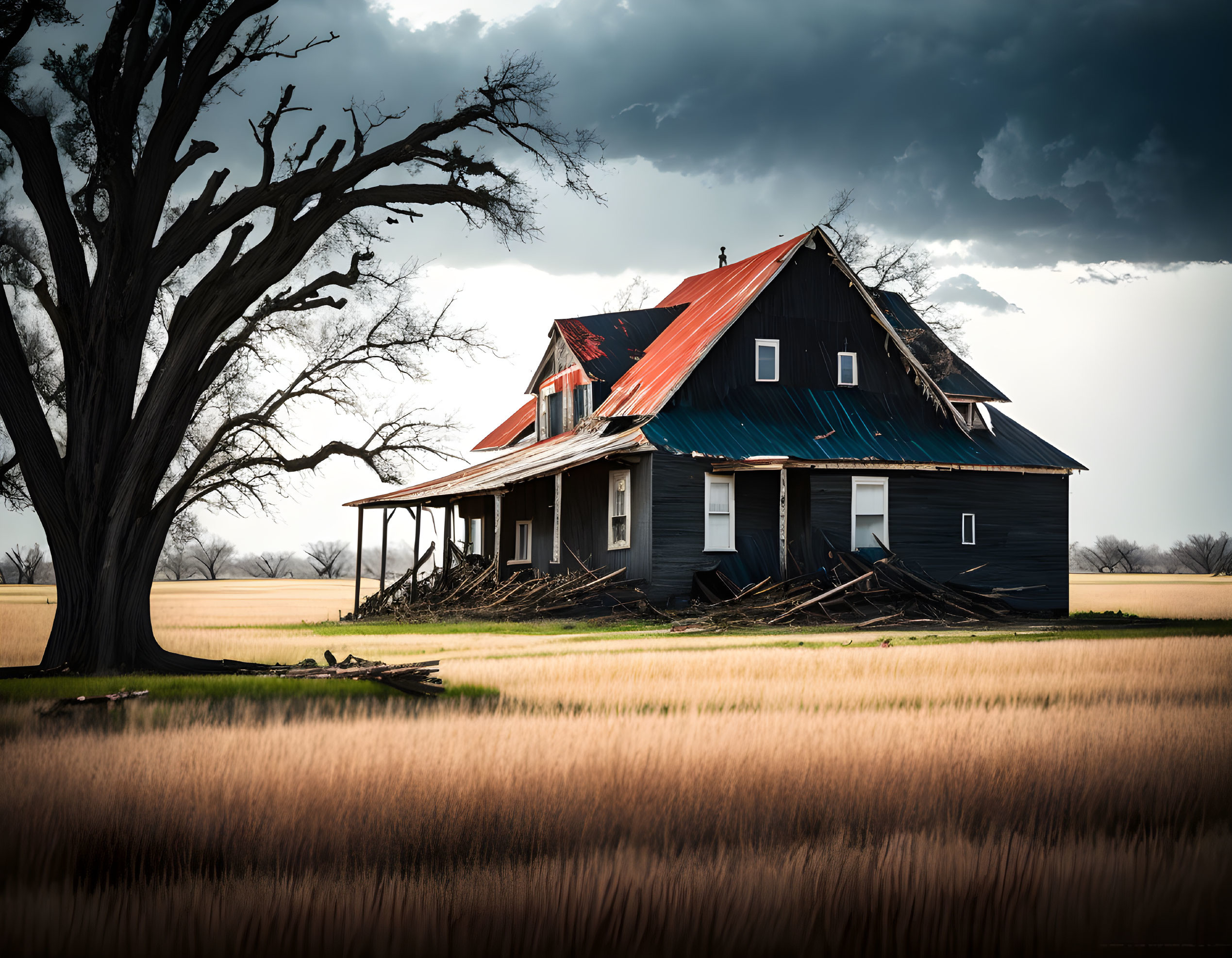 Abandoned weathered farmhouse with rusty red roof in field under dramatic sky