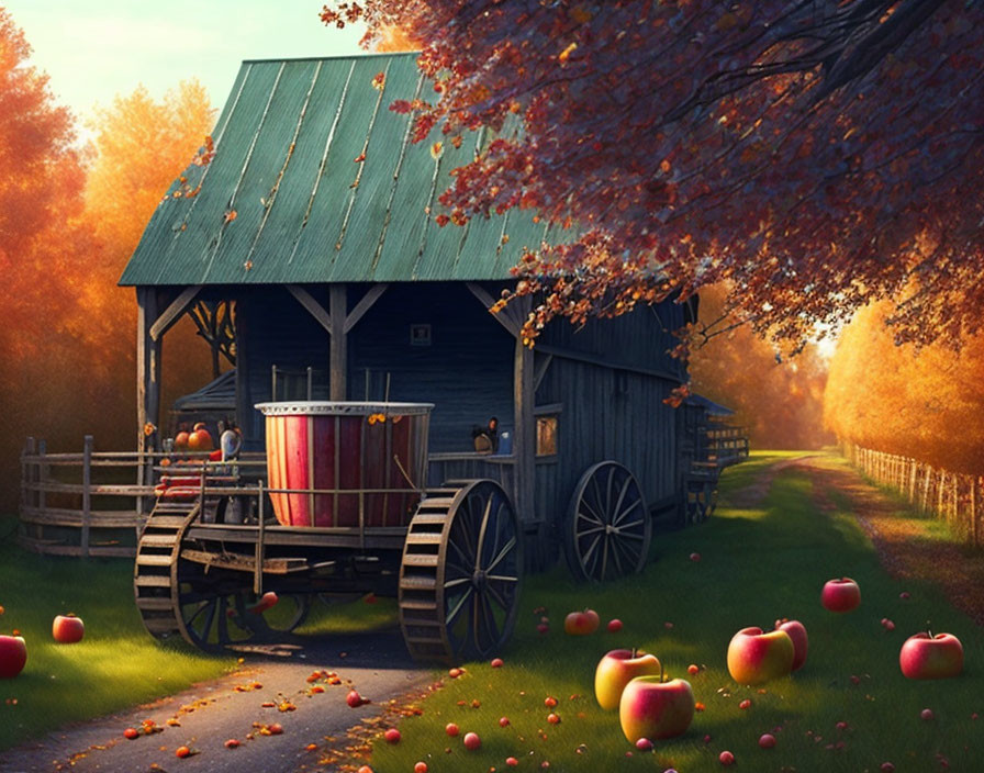 Rustic countryside scene with wooden barn, cart, apples, and autumn trees