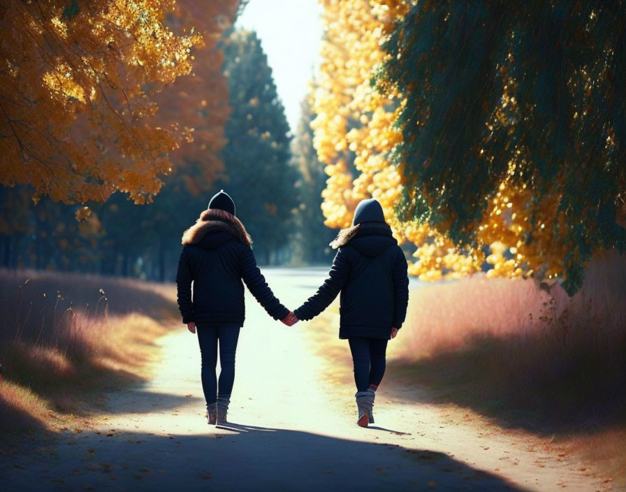 Pair in Jackets Walking Down Autumn Path