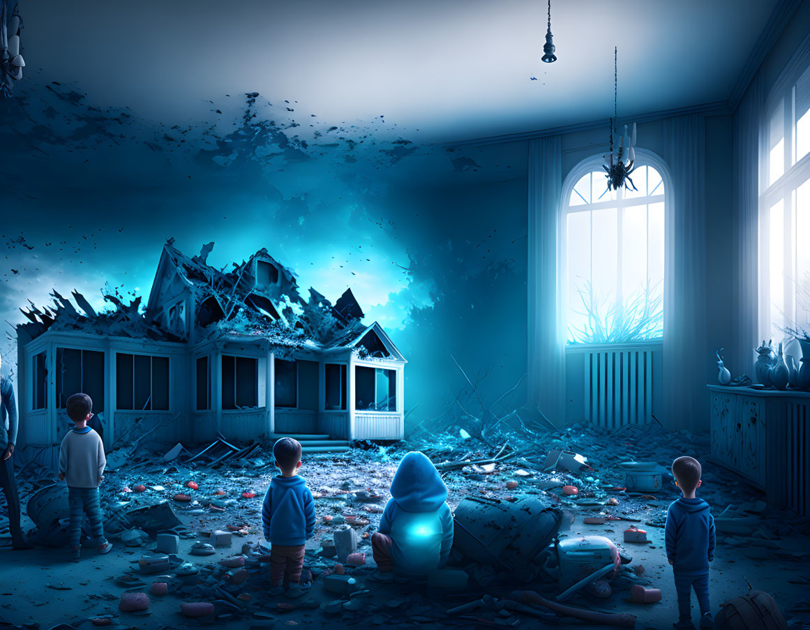 Surreal blue-toned room with children and shattered miniature house debris