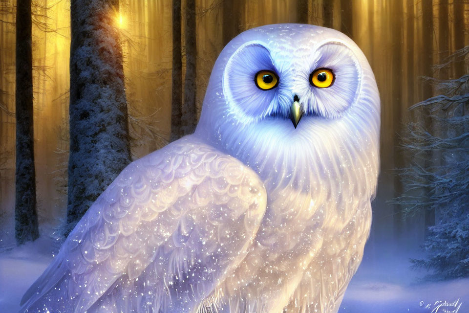 White owl with glowing yellow eyes in snowy forest with golden light.