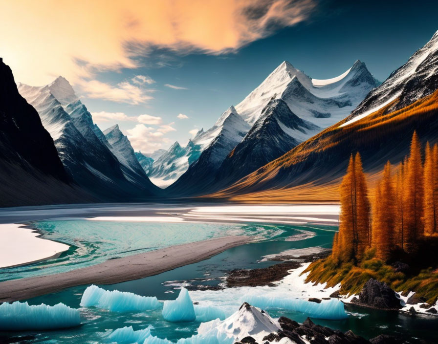 Tranquil landscape: turquoise river, golden trees, icebergs, snow-capped mountains