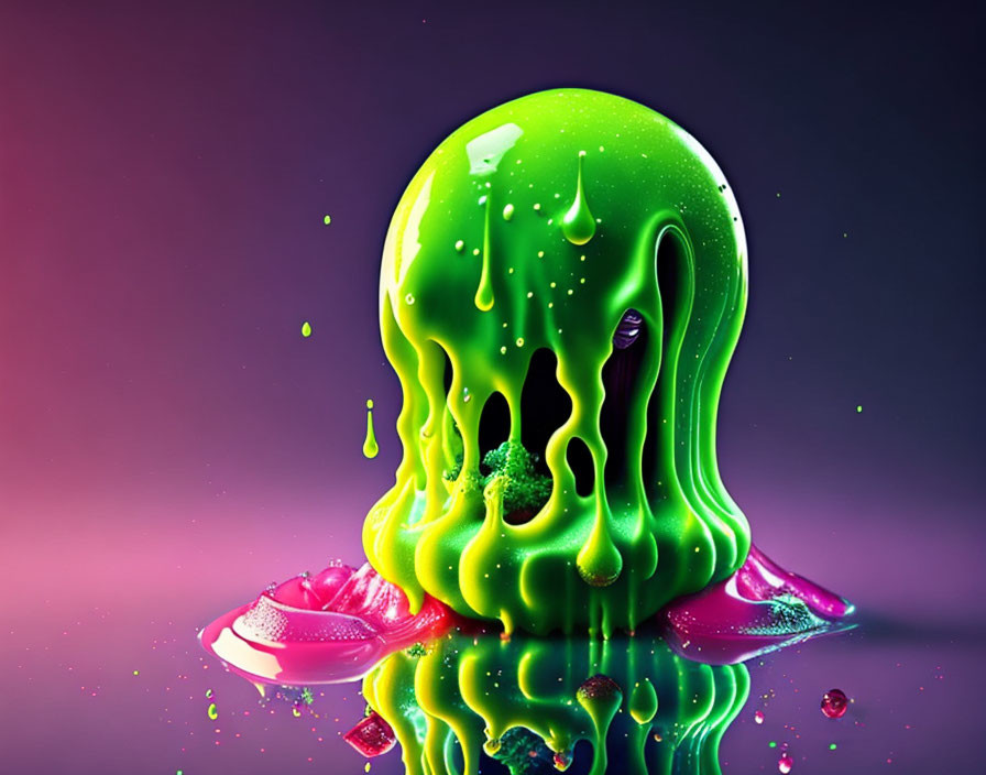 Neon green slime drips on skull with colorful splashes