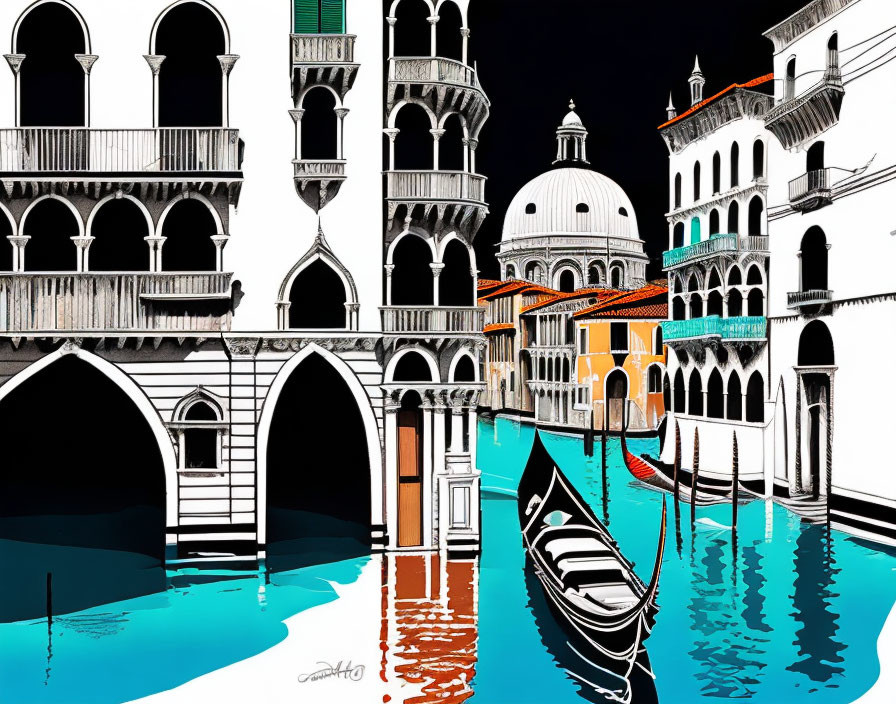 Vibrant Venice illustration: iconic architecture, gondola, contrasting shadows