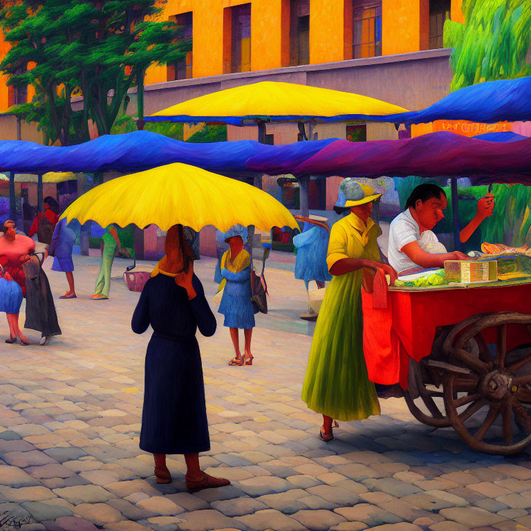 Colorful street scene with food cart and umbrellas capturing bustling activity