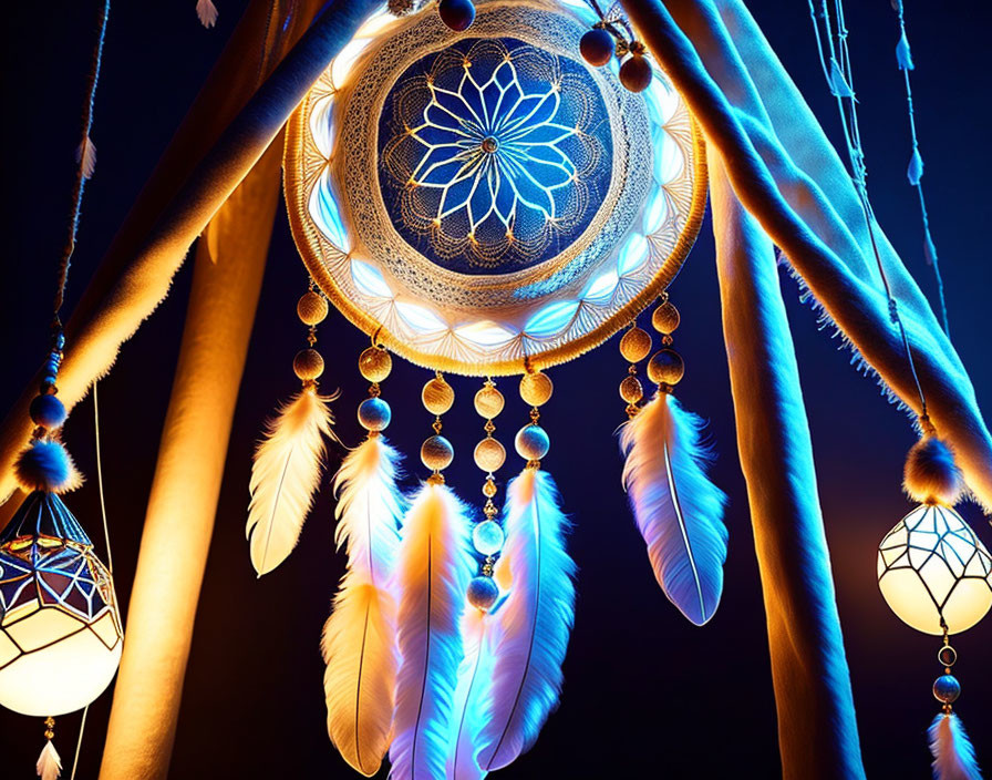 Intricate Patterned Dreamcatcher with Feathers on Warm Backdrop