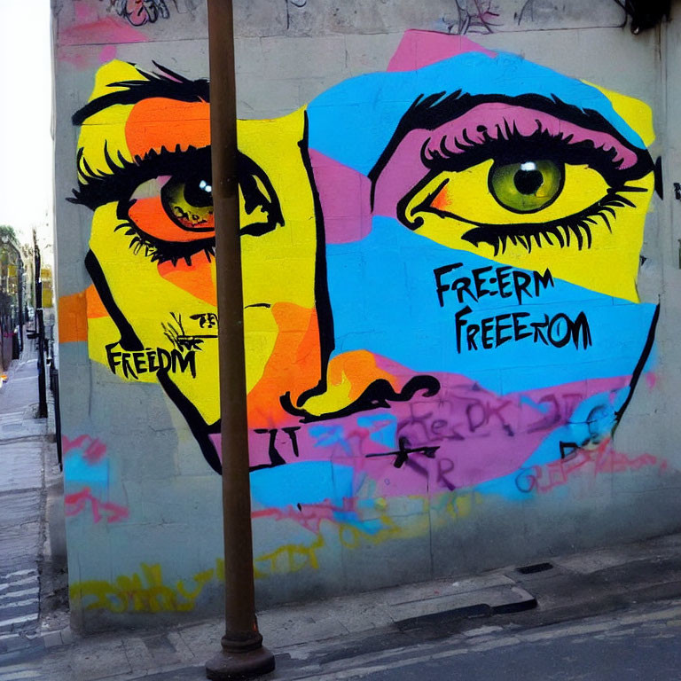 Vibrant street art: fragmented face with expressive eyes and repeated "freedom" word, partially