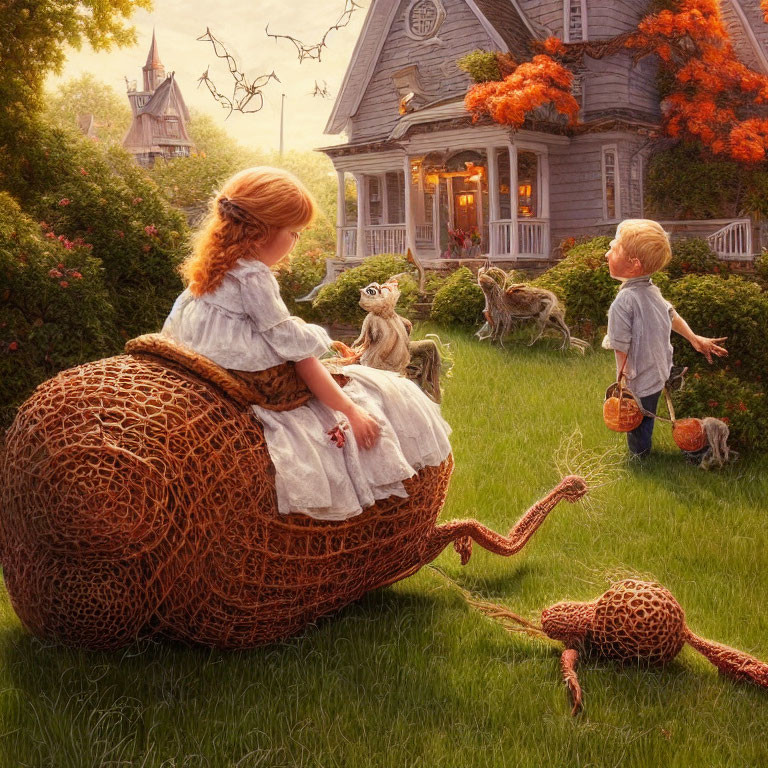 Whimsical fantasy scene: girl on giant yarn ball, boy with tiny pumpkin, magical creatures by