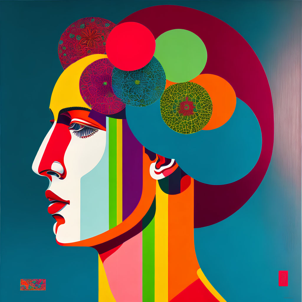 Colorful Abstract Portrait with Geometric Shapes and Circular Motifs