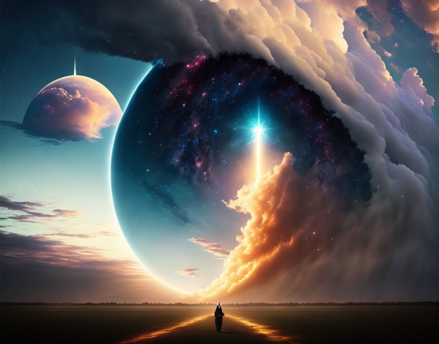 Person standing on path under surreal sky with clouds, planet, and celestial object