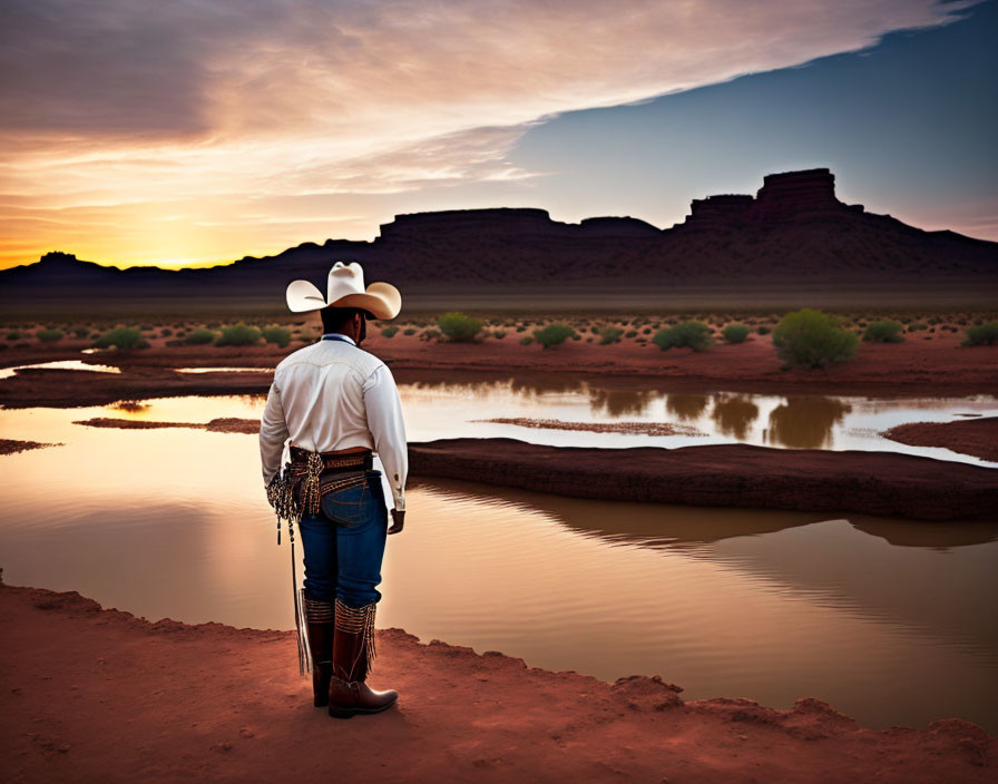 Cowboy admires desert sunset with waterhole and mesas.