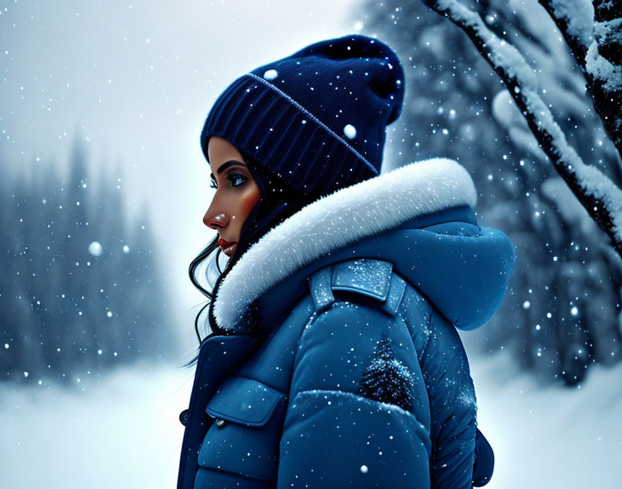 Woman in Blue Winter Coat and Beanie in Tranquil Snowy Scene